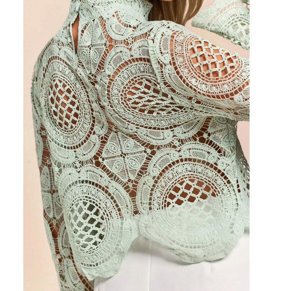 High Neck Floral Semi Sheer Flared Sleeve Cropped Top - Picture 3 of 9